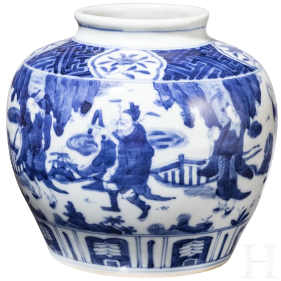 Blau-wei&szlig;e Vase mit fig&uuml;rlicher Szene mit Wanli-Sechszeichenmarke, China, wahrscheinlich aus dieser Zeit (1572 - 1620)