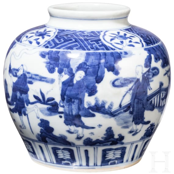 Blau-wei&szlig;e Vase mit fig&uuml;rlicher Szene mit Wanli-Sechszeichenmarke, China, wahrscheinlich aus dieser Zeit (1572 - 1620)