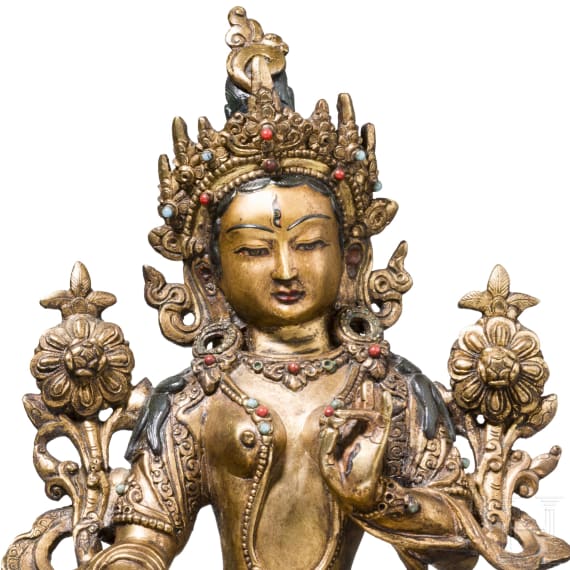 Edelsteinbesetzte und lackierte Gr&uuml;ne Tara, China, Republikzeit (1912 - 1949)
