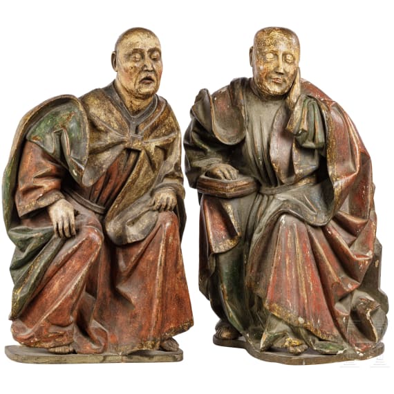 Zwei M&ouml;nche, polychrom gefasstes Holz, Macao/China, 18. - 19. Jhdt.