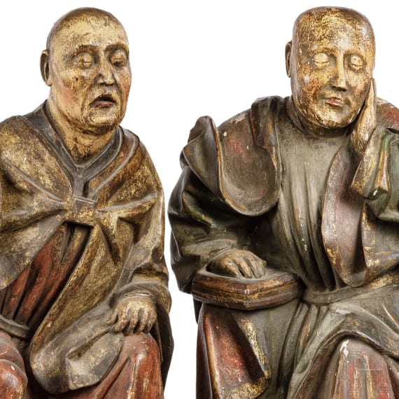 Zwei M&ouml;nche, polychrom gefasstes Holz, Macao/China, 18. - 19. Jhdt.