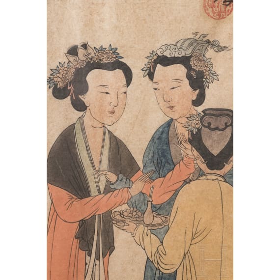 "Hofdamen des ehemaligen Shu-Staates" nach Tang Yin, Aquarell, China, 19. Jhdt.