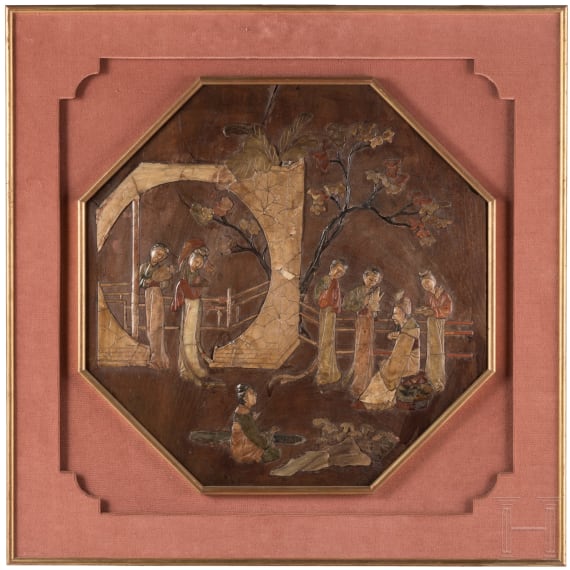 Steineingelegtes Holzpaneel, China, 19. Jhdt.