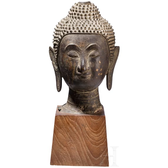 Bronzener Buddhakopf im Sukhotai-Stil, Thailand, wohl 18./fr&uuml;hes 19. Jhdt.