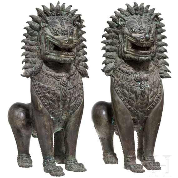 Ein Paar Tempell&ouml;wen aus Bronze, Burma, 19. Jhdt.