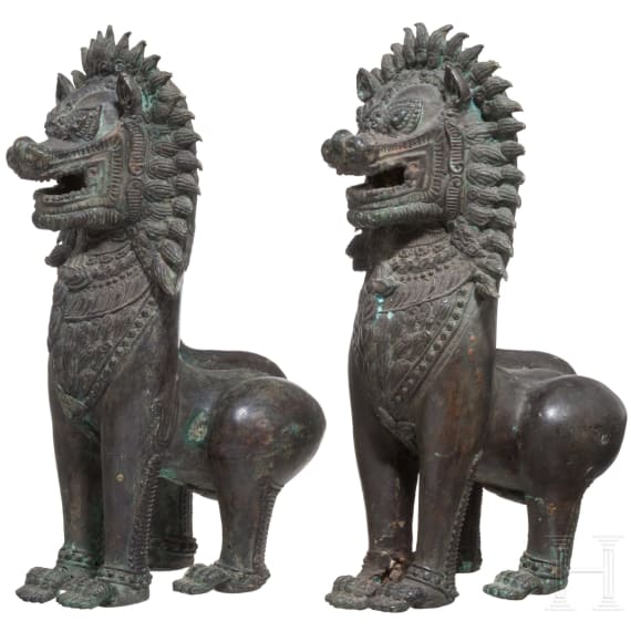 Ein Paar Tempell&ouml;wen aus Bronze, Burma, 19. Jhdt.