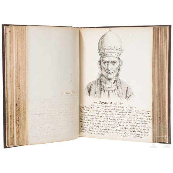 P. W. Wunder und Peter Hirsch (1889 - 1978) - "Die regierenden P&auml;pste" (285 Portr&auml;tzeichnungen) und eine Papstm&uuml;tze (Camauro)