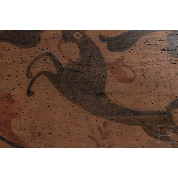 Bemalter Holzdeckel einer gotischen Truhe, Tirol, 14. Jhdt.