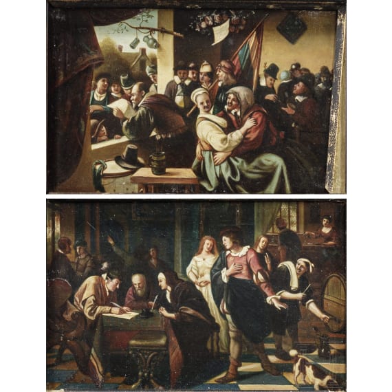 Ein Paar kleine Genrebilder in der Art des Jan Steen, fl&auml;misch, 19. Jhdt.