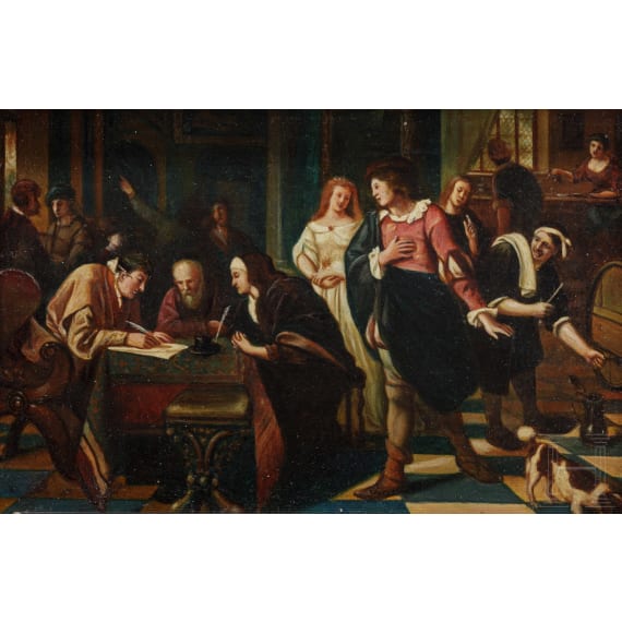 Ein Paar kleine Genrebilder in der Art des Jan Steen, fl&auml;misch, 19. Jhdt.
