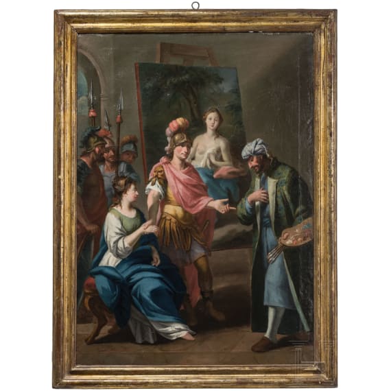 Alexander der Gro&szlig;e und Kampaspe im Atelier des Apelles, &Ouml;l/Leinwand, Frankreich, 18. Jhdt.