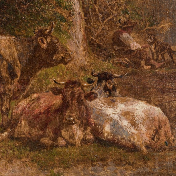 Johann Friedrich Voltz - K&uuml;he am Waldrand, deutsch, datiert 1876