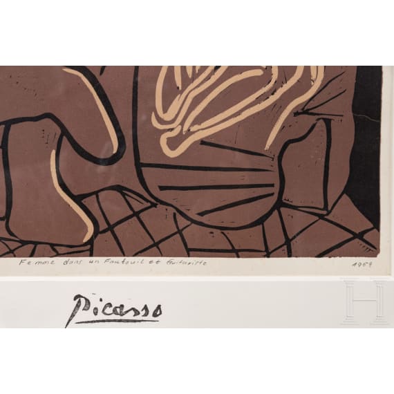 Nach Pablo Picasso, "Femme dans un Fauteuil et Guitariste", Linolschnitt, Frankreich, 2. H&auml;lfte 20. Jhdt.