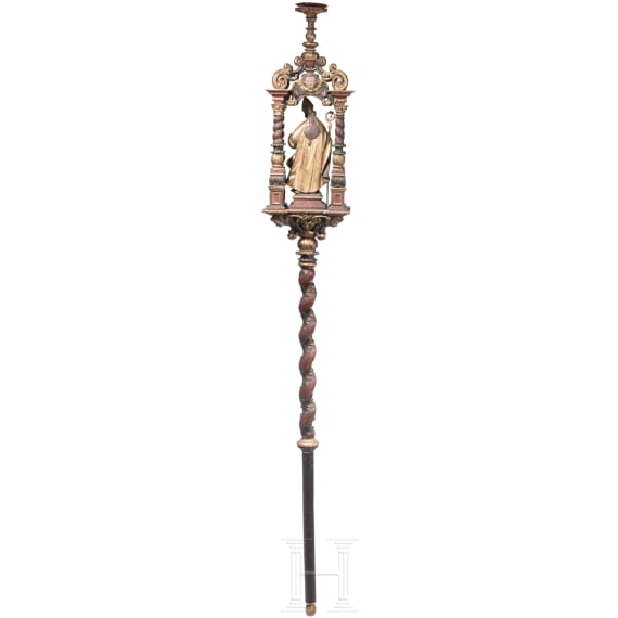 Bedeutende Prozessionsstange mit Hl. Nikolaus, s&uuml;ddeutsch, um 1680