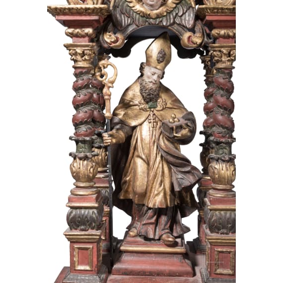 Bedeutende Prozessionsstange mit Hl. Nikolaus, s&uuml;ddeutsch, um 1680