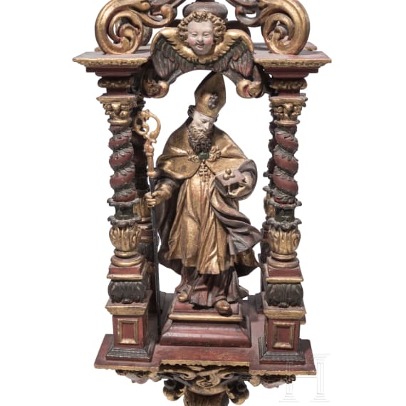 Bedeutende Prozessionsstange mit Hl. Nikolaus, s&uuml;ddeutsch, um 1680