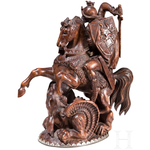 Geschnitzte Buchsbaum-Skulptur des Heiligen Georg, deutsch, 19. Jhdt.