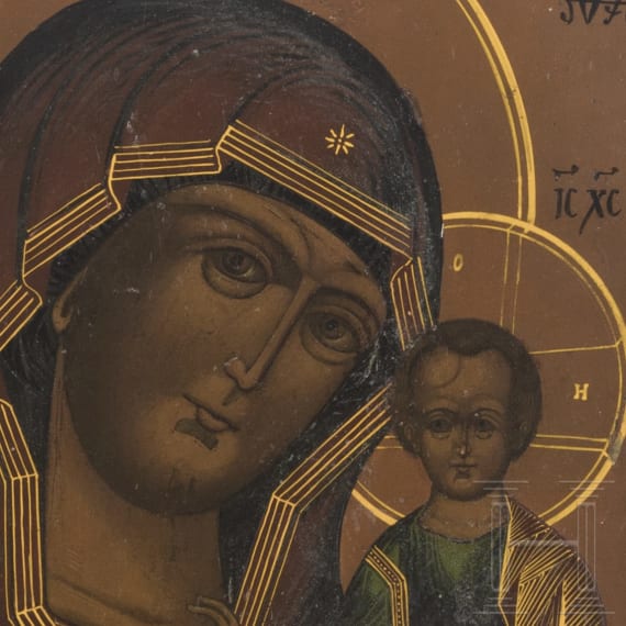 Ikone mit der feurigen Himmelfahrt des Propheten Elias mit Oklad und Ikone mit Gottesmutter von Kasan (Kasankaja), Russland, 19. Jhdt.