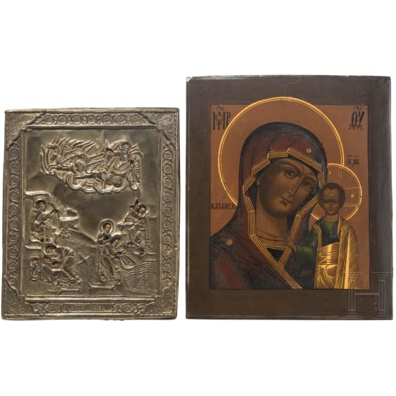 Ikone mit der feurigen Himmelfahrt des Propheten Elias mit Oklad und Ikone mit Gottesmutter von Kasan (Kasankaja), Russland, 19. Jhdt.