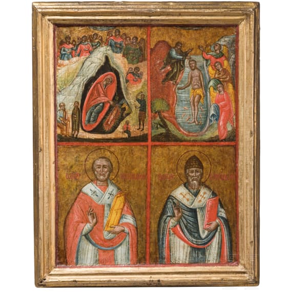 Vierfelderikone mit der Geburt und Taufe Christi, Griechenland, 19. Jhdt.