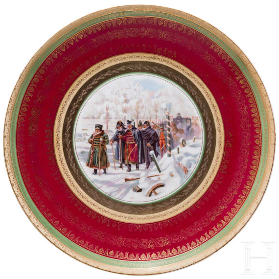 Gro&szlig;er Wandteller "Napoleons R&uuml;ckzug aus Moskau", Porzellanmanufaktur Gardner, Anfang des 19. Jhdt.