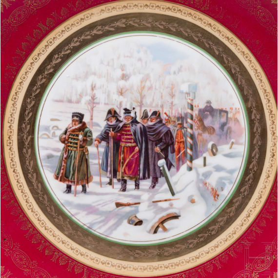 Gro&szlig;er Wandteller "Napoleons R&uuml;ckzug aus Moskau", Porzellanmanufaktur Gardner, Anfang des 19. Jhdt.