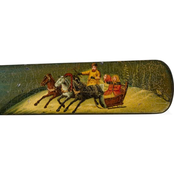 Zwei Lack-Papiermesser mit Sommer- und Wintertroika, Russland, Ende 19. Jhdt.