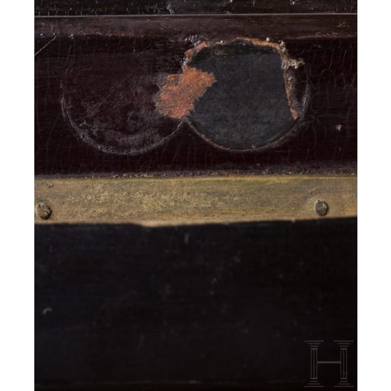 Lack-Manschettenkn&ouml;pfe, Brosche, Briefmarkendose und Schnupftabakdose, Danilowo, Nikolai Lukutin, 1876-82 (ein Teil), Ostaschkowo, Werkstatt Wischnjakow, 1877-82 (zwei Teile)