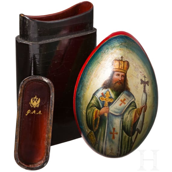 Lack-Zigarrenetui und Ei mit Kreml-Ansicht, Russland, Danilowo, Fabrik Aleksandr Lukutin, 1863-76 und Russland, um 1900