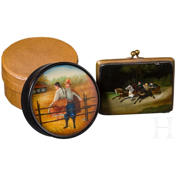 Lackdose mit Originaletui und Lackgeldb&ouml;rse, Russland, Ostaschkowo, Werkstatt Wischnjakow, 1872-82 (Etui)/Ende 19. Jhdt.