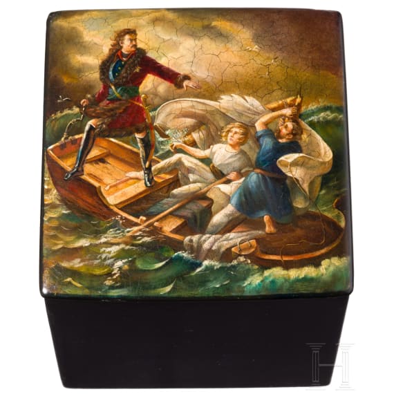 Lack-Teekasten mit Peter dem Gro&szlig;en, Ostaschkowo, Werkstatt Osip F. Wischnjakow mit S&ouml;hnen, 1873 - 1888