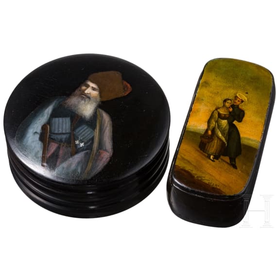 Lack-Schnupftabakdose und Tabakdose, Russland, Danilowo, Pjotr und Aleksandr Lukutin, 1843 - 1855 und sp&auml;tes 19. Jhdt.