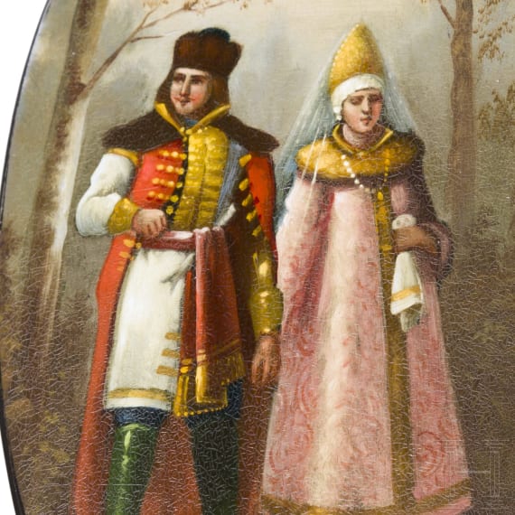 Lackdose mit Bajuwarenpaar, Russland, Fedoskino, Fedoskiner Artel ehem. Meister der Fabrik Lukutin, 1910-13