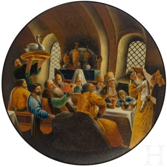 Lackteller mit Bojarenhochzeit, Russland, Ostaschkowo, Werkstatt Osip F. Wischnjakow mit S&ouml;hnen, 1882 - 1888
