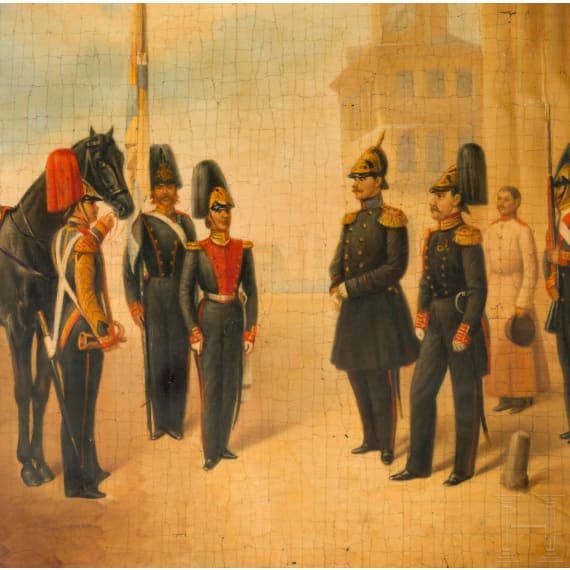 Gro&szlig;e Lackschatulle mit Milit&auml;rszene "Gruppe von Offizieren des Leibgarde-Grenadier-Regiments" nach Adolf Jebens, Danilowo, Fabrik Nikolaj Lukutin, 1882-94