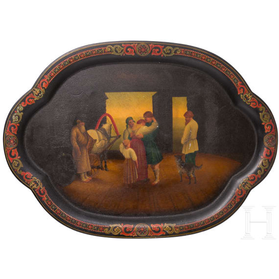 Gro&szlig;es Lacktablett mit b&auml;uerlicher Abschiedsszene, Russland, Ostaschkowo, Werkstatt Osip F. Wischnjakow mit S&ouml;hnen, 1885 - 1887