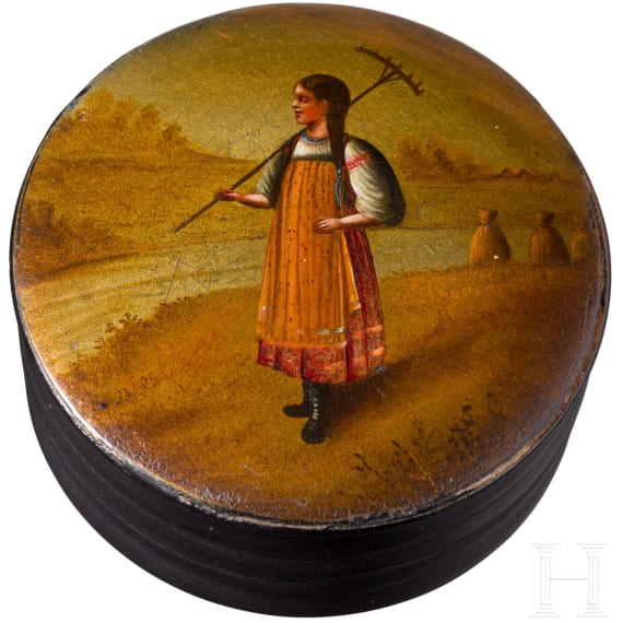 Lacktabatiere mit B&auml;uerin, Russland, Ostaschkowo, Werkstatt Osip F. Wischnjakow mit S&ouml;hnen, 1882 - 1885