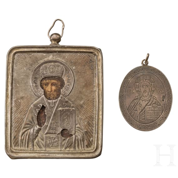 Miniaturikone mit Silberoklad, Silberanh&auml;nger und sechs Bronzeikonen, Russland, 18. (eine) - 20. Jhdt.
