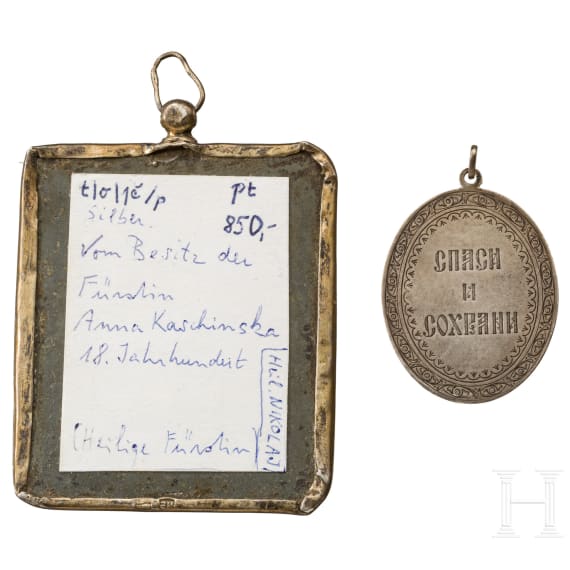 Miniaturikone mit Silberoklad, Silberanh&auml;nger und sechs Bronzeikonen, Russland, 18. (eine) - 20. Jhdt.
