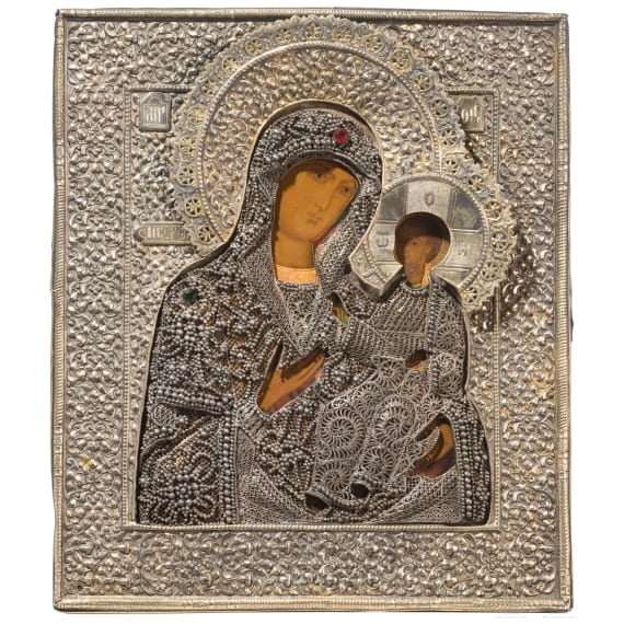 Ikone mit der Gottesmutter Iwerskaja mit Silberoklad und Silberfiligran, Russland, 19. Jhdt. (Ikone), Moskau, Grigorij Sbitnjew, 1891