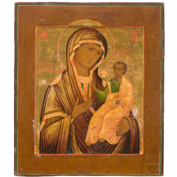 Ikone mit der Gottesmutter Iwerskaja mit Silberoklad und Silberfiligran, Russland, 19. Jhdt. (Ikone), Moskau, Grigorij Sbitnjew, 1891
