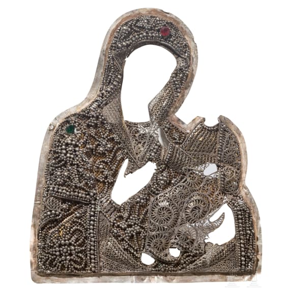 Ikone mit der Gottesmutter Iwerskaja mit Silberoklad und Silberfiligran, Russland, 19. Jhdt. (Ikone), Moskau, Grigorij Sbitnjew, 1891