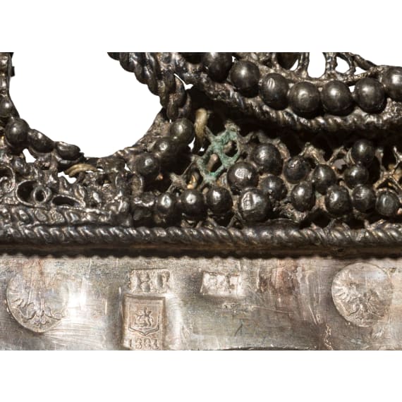 Ikone mit der Gottesmutter Iwerskaja mit Silberoklad und Silberfiligran, Russland, 19. Jhdt. (Ikone), Moskau, Grigorij Sbitnjew, 1891
