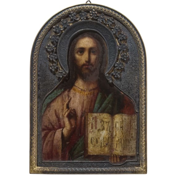Kleine Ikone mit Christus Pantokrator mit Silberriza, Russland, Ende 19. Jhdt. (Ikone), St. Petersburg, Nikolai Linden, 1908 (Riza)