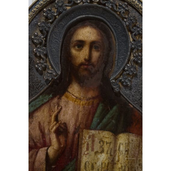 Kleine Ikone mit Christus Pantokrator mit Silberriza, Russland, Ende 19. Jhdt. (Ikone), St. Petersburg, Nikolai Linden, 1908 (Riza)