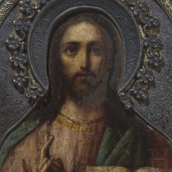 Kleine Ikone mit Christus Pantokrator mit Silberriza, Russland, Ende 19. Jhdt. (Ikone), St. Petersburg, Nikolai Linden, 1908 (Riza)