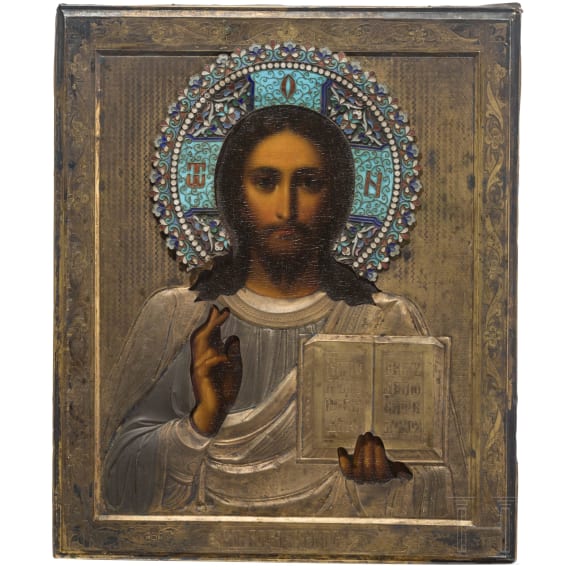 Ikone mit Christus Pantokator mit Silberoklad und Cloisonn&eacute;-Emaille-Nimbus, Russland, sp&auml;tes 19. Jhdt. (Ikone), Moskau, 1908-17 (Oklad)