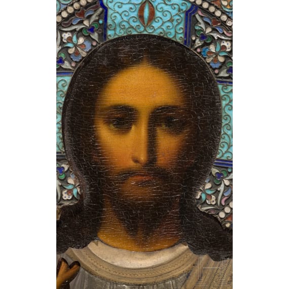 Ikone mit Christus Pantokator mit Silberoklad und Cloisonn&eacute;-Emaille-Nimbus, Russland, sp&auml;tes 19. Jhdt. (Ikone), Moskau, 1908-17 (Oklad)