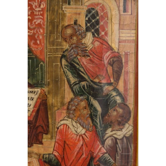 Ikone mit seltenem Thema "Jesus bei den Schriftgelehrten" (Mittpfingsten), Russland, 20. Jhdt.