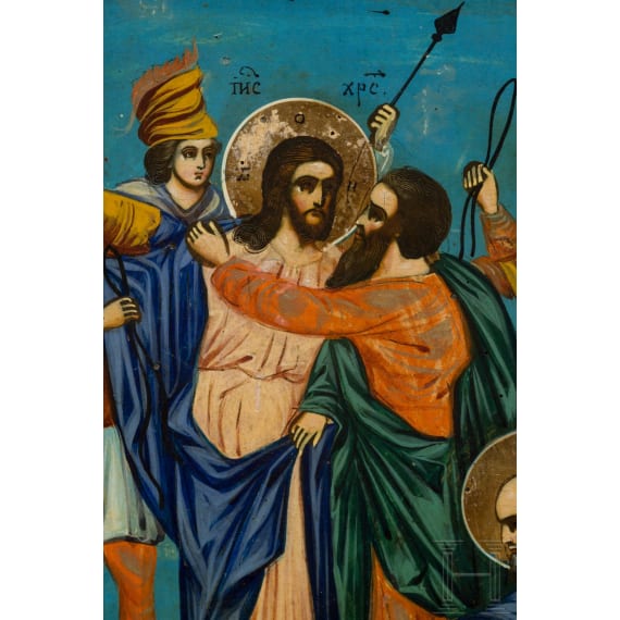 Ikone mit seltenem Thema "Judaskuss und Gefangennahme Christi", Russland, um 1900